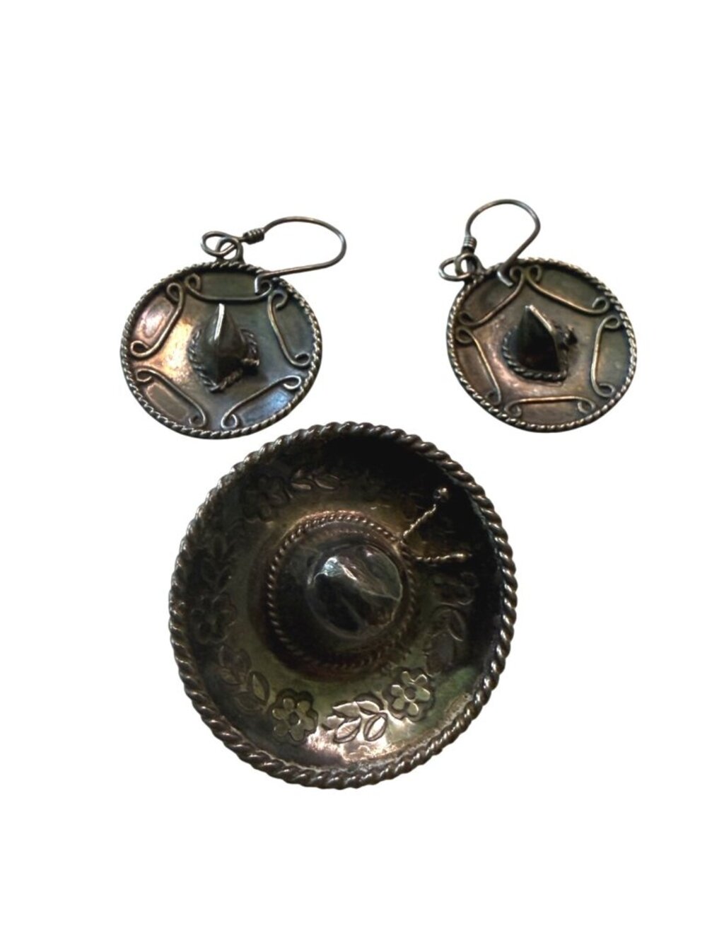 Vintage Mexican Sterling Silver Sombrero Earrings & Brooch Set Cinco De Mayo